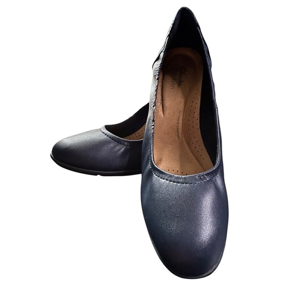 Clarks Shoes - Clarks Ultimate Ballet Stretch Comfort Heeled Slip-On Pumps Womens Sz 9.5M Blue